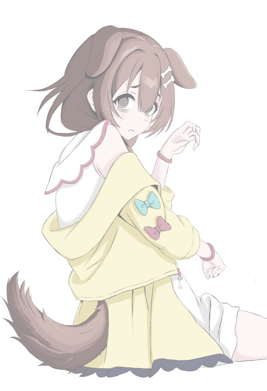 1girl, :s, absurdres, animal_ears, bags_under_eyes, bone_hair_ornament, brown_eyes, brown_tail