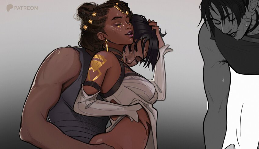 2girls, absurdres, alternate_hairstyle, arcane:_league_of_legends, armor, bare_shoulders, behind_another, brown_hair