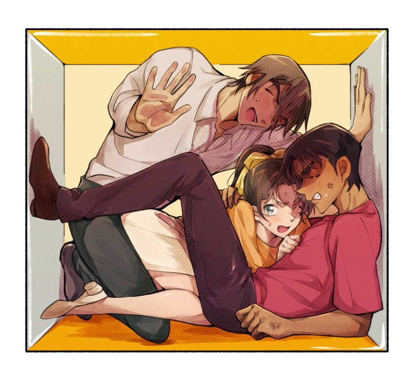 anger_vein, arm_around_shoulder, border, brown_hair, brown_pants, brown_shoes, clenched_hand, clenched_teeth, closed_eyes, collared_shirt, commentary, fukushiro_hijiri, full_body, furrowed_brow, green_eyes, grey_pants, hair_between_eyes, hair_ribbon, hattori_heiji, highres, long_hair, meitantei_conan, nervous_smile, one_eye_closed, open_mouth, orange_shirt, pants, parted_bangs, red_shirt, ribbon, sayaendou0426, shirt, shoes, short_hair, skirt, smile, stuck_in_a_box, sweat, sweatdrop, tan, teeth, tooyama_kazuha, untranslatable_commentary, white_border, white_shirt, white_shoes, white_skirt, yellow_ribbon