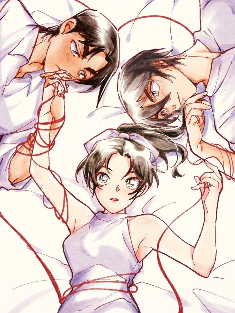 1girl, 2boys, bare_arms, bare_shoulders, bed_sheet, breasts, brown_hair, collared_shirt, commentary, dress, fukushiro_hijiri, green_eyes, grey_eyes, hair_between_eyes, hair_ribbon, halter_dress, halterneck, hattori_heiji, holding_hands, interlocked_fingers, light_blush, long_hair, love_triangle, medium_breasts, meitantei_conan, multiple_boys, parted_bangs, parted_lips, ponytail, ribbon, sayaendou0426, shirt, short_hair, string, string_of_fate, tan, tooyama_kazuha, untranslatable_commentary, upper_body, white_dress, white_ribbon, white_shirt