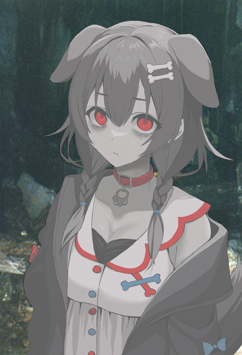 1girl, absurdres, animal_ears, bags_under_eyes, belt_collar, black_jacket, blue_bow, bone_hair_ornament