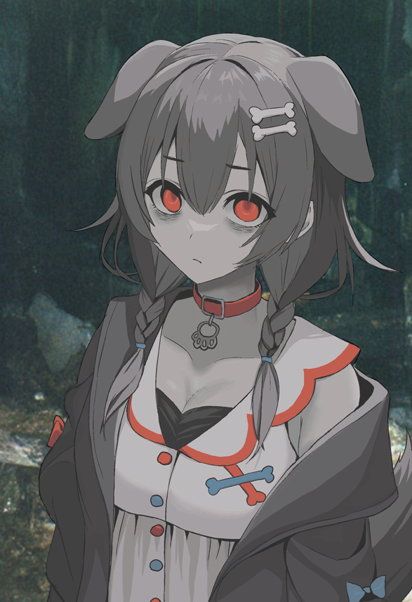 1girl, animal_ears, bags_under_eyes, belt_collar, black_jacket, blue_bow, bone_hair_ornament, bow
