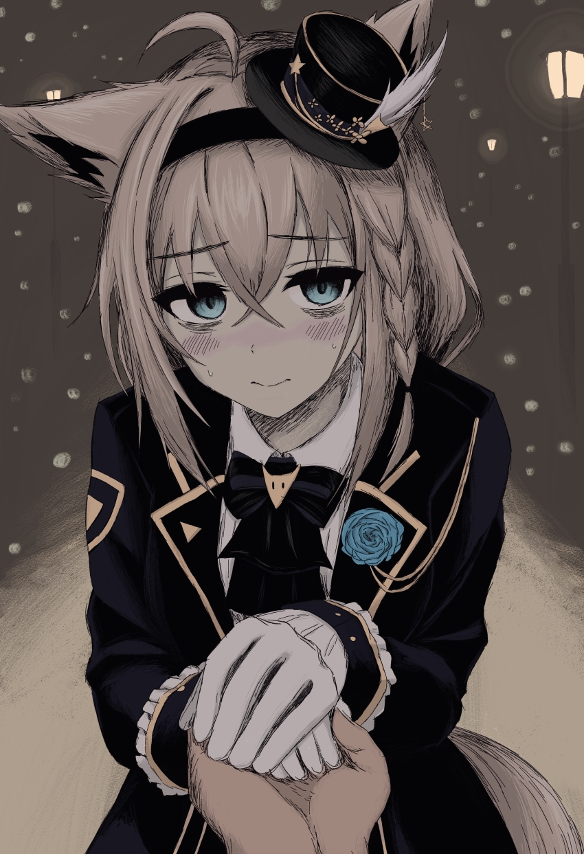 1boy, 1other, absurdres, ahoge, animal_ears, ascot, bags_under_eyes, black_ascot, black_bow, black_bowtie, black_hairband, black_hat, black_jacket, blazer, blue_eyes, blue_flower, blue_rose, blush, bow, bowtie, braid, breasts, brown_tail, brown_theme, chobles21, closed_mouth, commentary, crossed_bangs, emblem, empty_eyes, english_commentary, flower, fox_ears, fox_girl, fox_ornament, fox_tail, gloves, hair_between_eyes, hairband, hat, highres, holding_hands, hololive, hololive_gamers, jacket, lamppost, lapels, long_hair, long_sidelocks, long_sleeves, looking_at_viewer, medium_breasts, mini_hat, muted_color, nervous, notched_lapels, outdoors, pov, pov_hands, rose, sanpaku, shirakami_fubuki, sidelocks, snowing, solo_focus, standing, straight-on, tail, virtual_youtuber, white_gloves, yellow_trim
