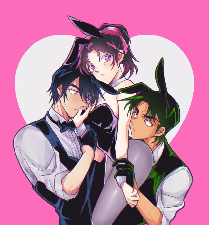 1girl, 2boys, animal_ears, bare_shoulders, black_bow, black_bowtie, black_gloves, black_hair