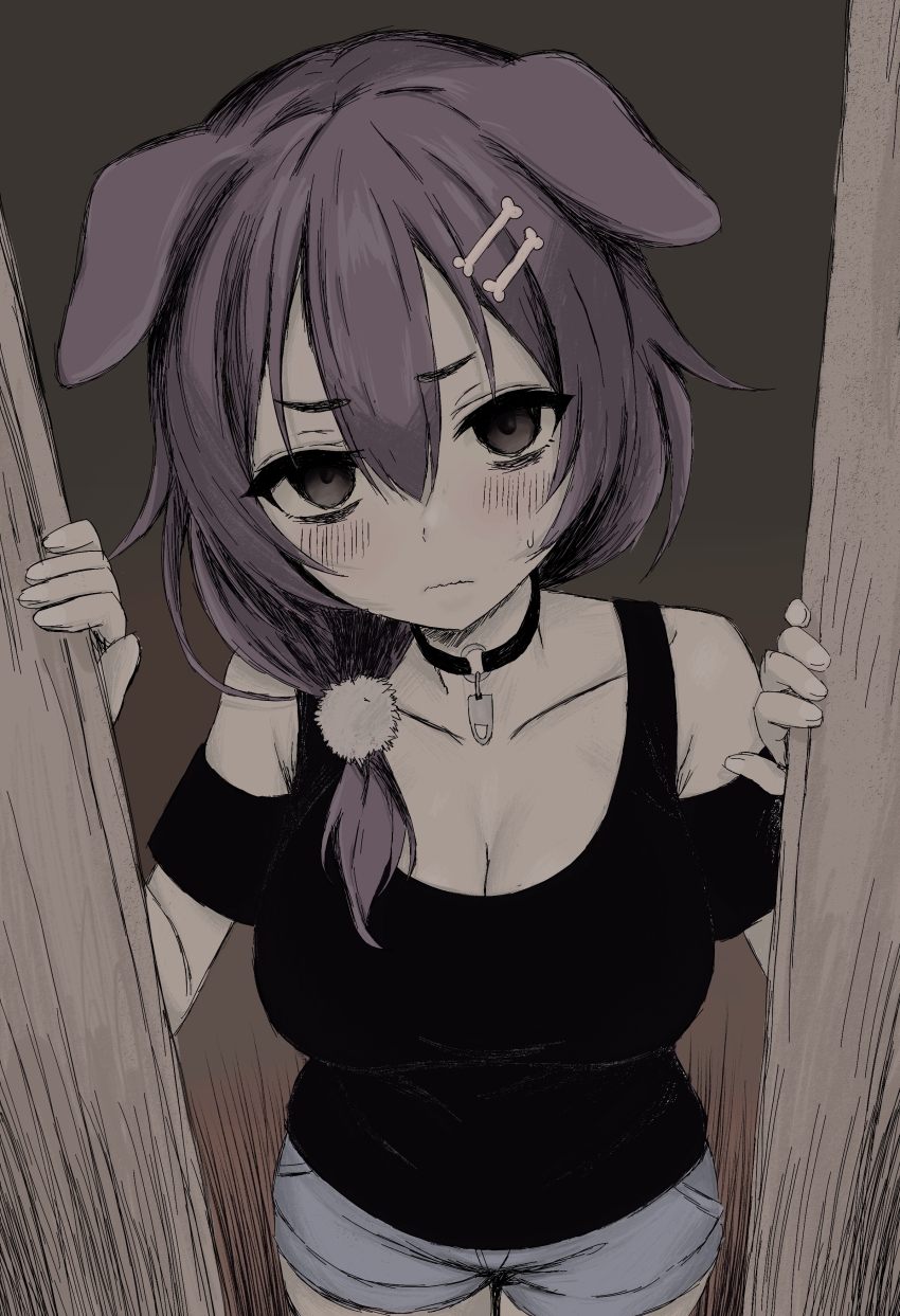 1girl, absurdres, animal_ears, black_choker, black_shirt, blue_shorts, blush, bone_hair_ornament