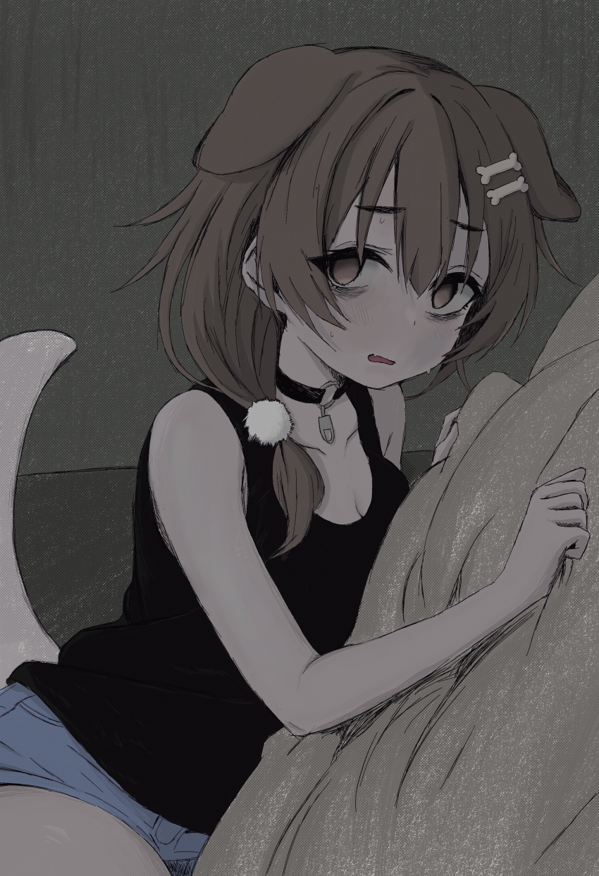 1girl, absurdres, animal_ears, bare_arms, bare_shoulders, bed_sheet, black_choker, black_tank_top