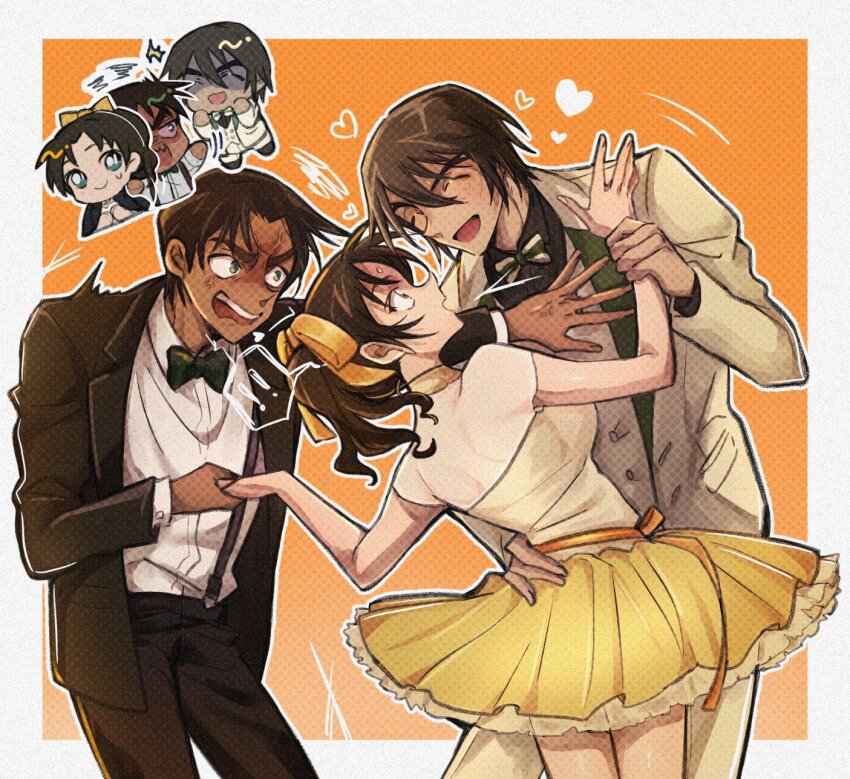 1girl, 2boys, anger_vein, bare_shoulders, black_bow, black_bowtie, black_jacket, black_pants, black_shirt, black_suit, border, bow, bowtie, brown_hair, chibi, chibi_inset, closed_eyes, collared_shirt, cowboy_shot, dress, elbow_gloves, formal_clothes, fukushiro_hijiri, furrowed_brow, gloves, green_eyes, grey_jacket, grey_pants, grey_suit, hair_between_eyes, hair_ribbon, halter_dress, halterneck, hand_on_another's_chest, hand_on_another's_waist, hattori_heiji, highres, holding_another's_wrist, holding_hands, jacket, long_hair, looking_at_another, love_triangle, meitantei_conan, multiple_boys, open_mouth, orange_background, pants, parted_bangs, ponytail, ribbon, sayaendou0426, shirt, short_hair, smile, striped_bow, striped_bowtie, striped_clothes, suit, suspenders, sweatdrop, tan, tooyama_kazuha, wavy_mouth, white_border, white_shirt, wide-eyed, yellow_dress, yellow_ribbon