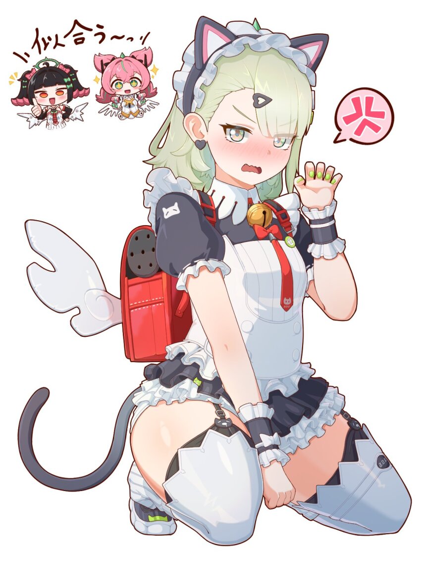 +_+, 3girls, anger_vein, animal_ear_hairband, animal_ears, aria_(zenless_zone_zero), bag, bell, benis_zzz, black_dress, black_garter_straps, black_hair, bow, cat_ear_hairband, cat_ears, colored_inner_hair, crossed_bangs, dress, earrings, fake_animal_ears, frilled_dress, frills, garter_straps, green_bow, green_eyes, green_halo, green_nails, hair_bow, hair_ornament, hairband, halo, heart, heart_earrings, heart_hair_ornament, highres, jewelry, maid, maid_headdress, multicolored_hair, multiple_girls, multiple_hair_bows, nangong_yu, neck_bell, official_alternate_costume, open_mouth, pink_hair, red_bag, red_eyes, simple_background, single_claw_pose, spoken_anger_vein, sunna_(afternoon_tea_break)_(zenless_zone_zero), sunna_(zenless_zone_zero), thumbs_up, white_background, white_wings, winged_bag, wings, zenless_zone_zero