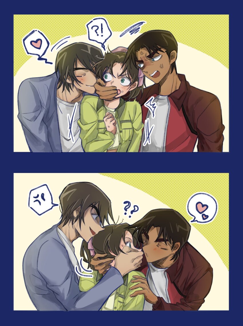 !?, 1girl, 2boys, anger_vein, arm_around_neck, blue_border, blue_eyes, border