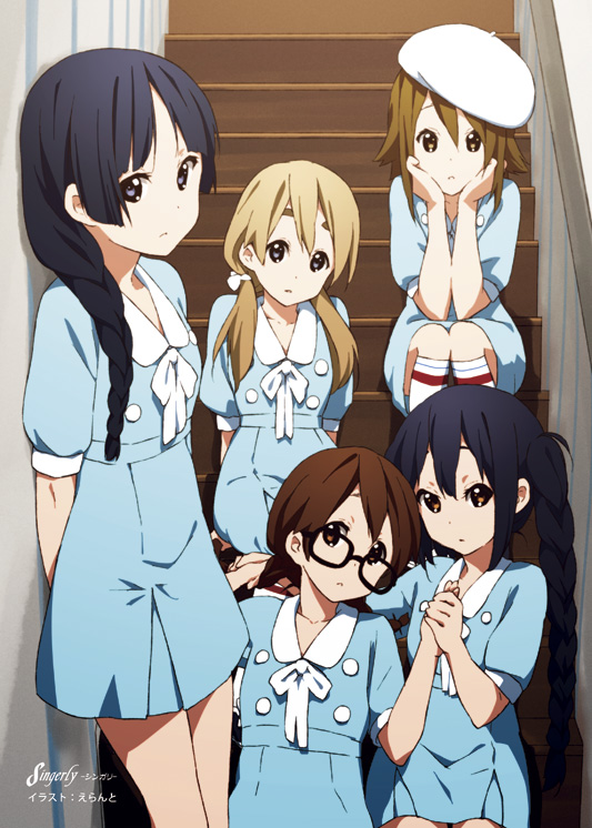 5girls, akiyama_mio, alternate_hairstyle, aqua_dress, beret, bespectacled, black_hair, blonde_hair