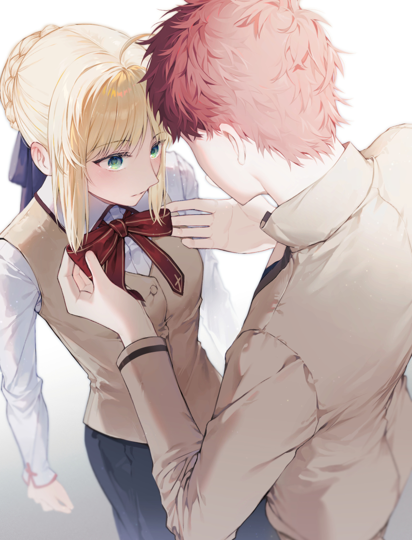 1boy, 1girl, adjusting_bowtie, artoria_pendragon_(fate), baboteolsegongsa, blonde_hair, blush, couple