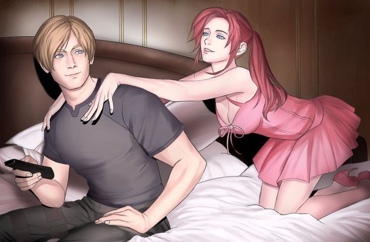 1boy, 1girl, bed, blonde_hair, blue_eyes, breasts, claire_redfield, commentary
