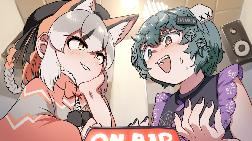 2girls, animal_ears, blue_eyes, blush, brown_hair, cape, commentary_request, dress, extra_ears, fox_ears, fox_girl, green_hair, grey_hair, hair_ornament, hat, heterochromia, highres, indie_virtual_youtuber, indoors, island_fox_(kemono_friends), itopoid, kemono_friends, kemono_friends_v_project, long_hair, mcgunngu, multiple_girls, nail_polish, necktie, ribbon, short_hair, sleeveless, smiley_face, sweat, upper_body, virtual_youtuber, yellow_eyes