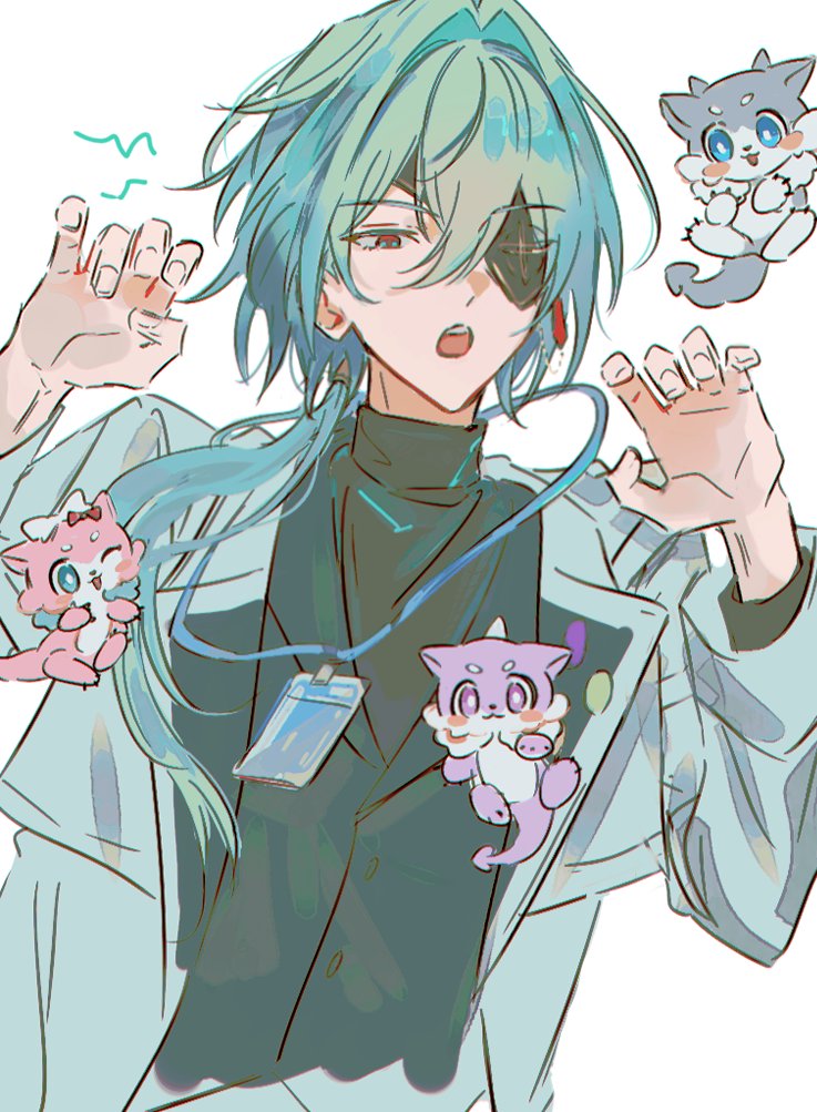 1boy, anaxa_(chimerric_park)_(honkai:_star_rail), anaxa_(honkai:_star_rail), black_shirt, castorice_(butterfly_cake)_(honkai:_star_rail), castorice_(honkai:_star_rail), chimera_(honkai:_star_rail), coat