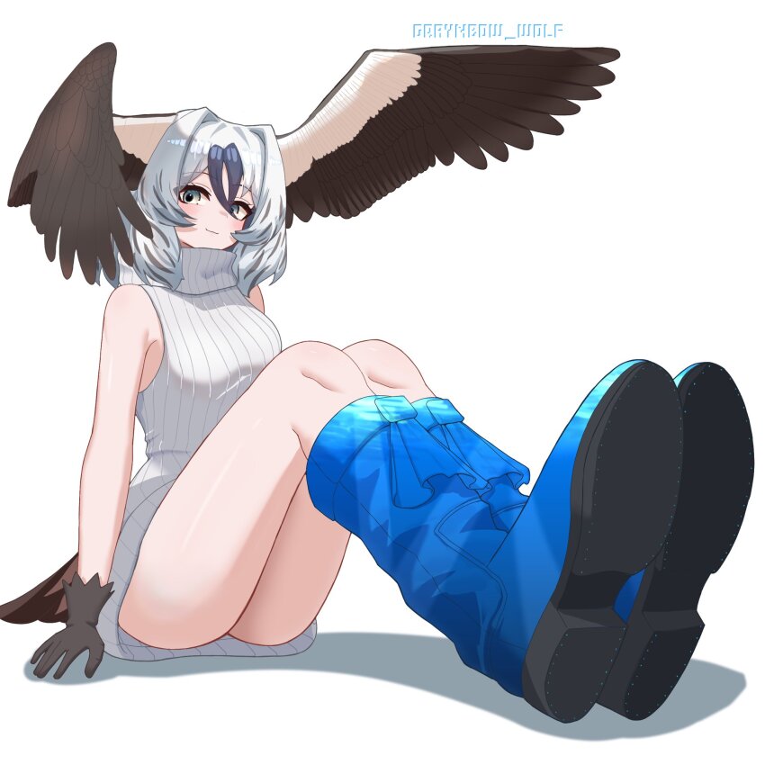 1girl, bird_girl, bird_tail, bird_wings, blue-footed_booby_(kemono_friends), boots, commentary_request, feathered_wings