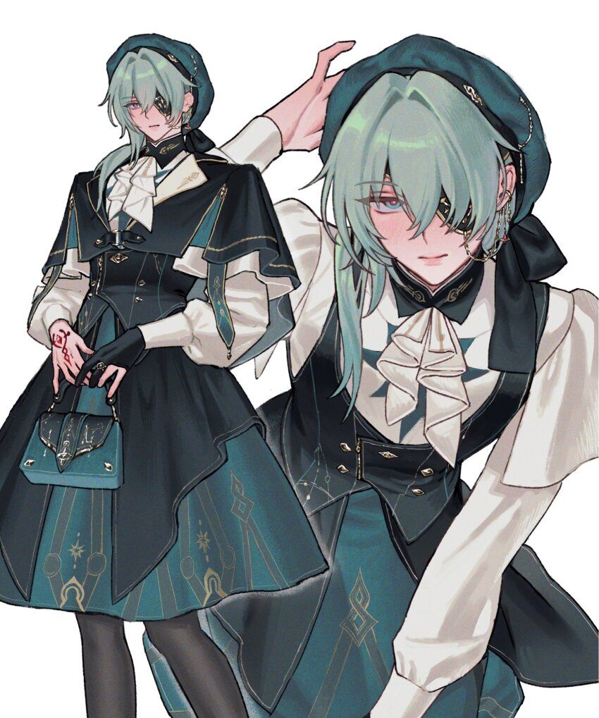 1boy, 35684187031, anaxa_(honkai:_star_rail), anaxa_(impression)_(honkai:_star_rail), arm_up, ascot, bag, beret, black_capelet, black_gloves, black_overskirt, black_pantyhose, black_vest, blue_eyes, capelet, closed_mouth, crossdressing, crossdressing_(mtf), eyepatch, feet_out_of_frame, gloves, green_bag, green_hair, green_hat, green_skirt, hair_between_eyes, hair_over_shoulder, hand_tattoo, handbag, hat, highres, holding, holding_bag, honkai:_star_rail, honkai_(series), leaning_forward, long_hair, long_sleeves, looking_at_viewer, male_focus, multiple_views, official_alternate_costume, one_eye_covered, pantyhose, partially_fingerless_gloves, ponytail, red_pupils, red_tattoo, shirt, simple_background, single_glove, skirt, tattoo, vest, white_ascot, white_background, white_shirt