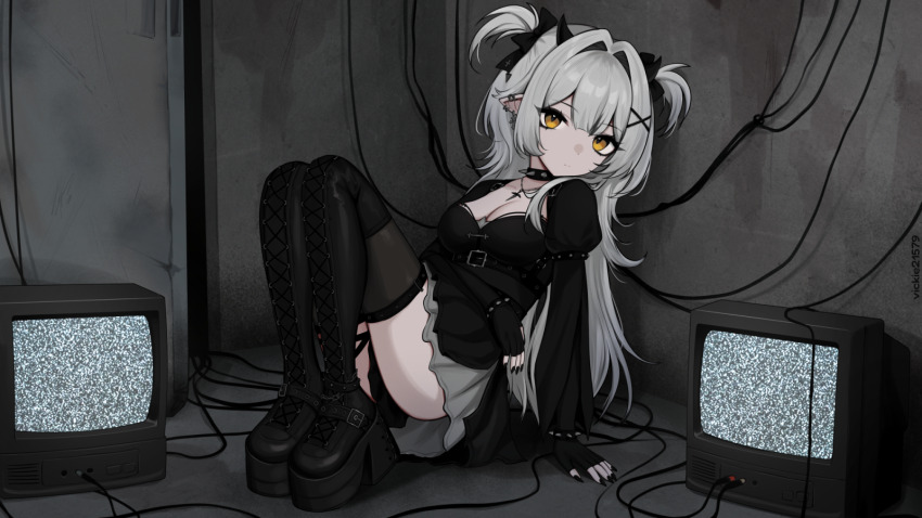 1girl, against_wall, black_boots, black_bow, black_dress, black_nails, boots, bow