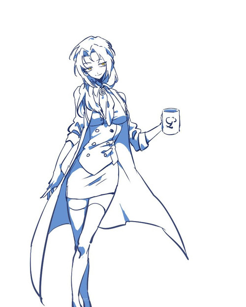 1girl, ascot, blue_theme, breasts, chesed_(project_moon), closed_mouth, cup, full_body