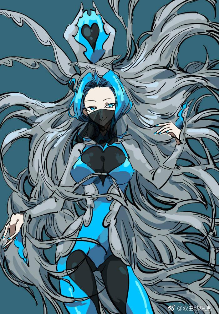1girl, absurdly_long_hair, black_bodysuit, black_veil, blue_bodysuit, blue_eyes, blue_hair, blue_star
