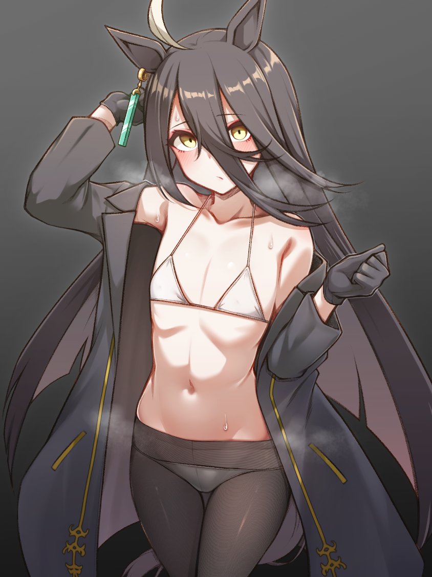 1girl, ahoge, animal_ear_piercing, animal_ears, bikini, black_background, black_coat, black_gloves