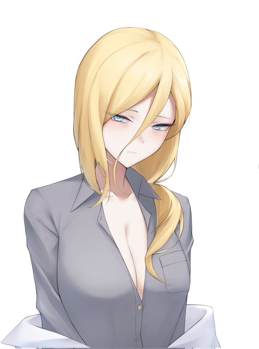 1girl, blonde_hair, blue_eyes, breasts, cleavage, coat, digimon, digimon_story:_time_stranger