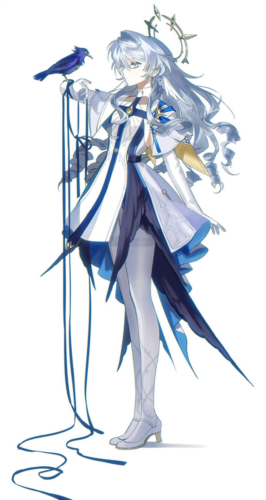 1girl, animal_on_arm, arm_behind_back, bird, bird_on_arm, black_bird, closed_mouth, dress