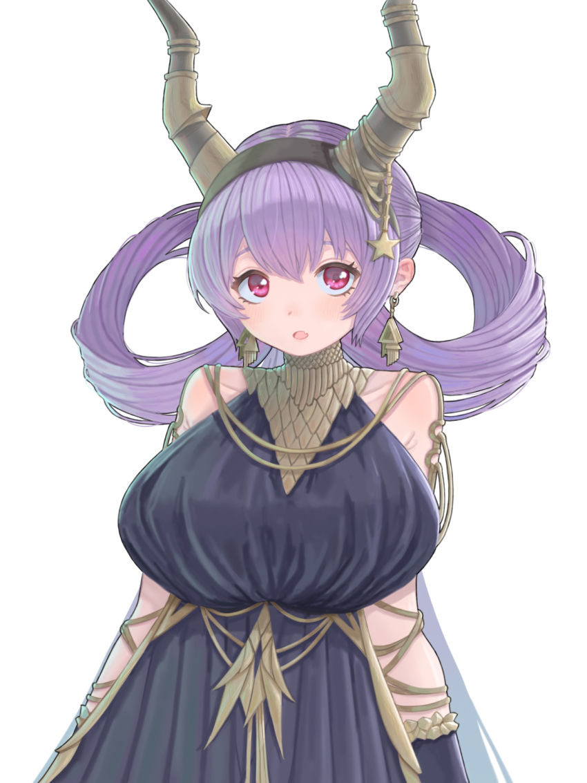 1girl, alternate_costume, alternate_hairstyle, arknights, artist_name, bare_shoulders, black_dress, blush, breasts, demon_girl, demon_horns, dress, earrings, fang, highres, hiruandon222, horn_ornament, horns, huge_breasts, jewelry, looking_at_viewer, open_mouth, purple_hair, red_eyes, skin_fang, sleeveless, sleeveless_dress, solo, typhon_(arknights), upper_body