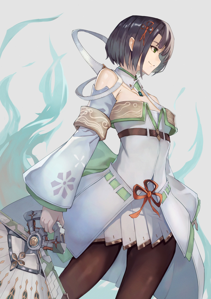 1girl, absurdres, armpit_crease, black_hair, breasts, closed_mouth, commentary, green_eyes