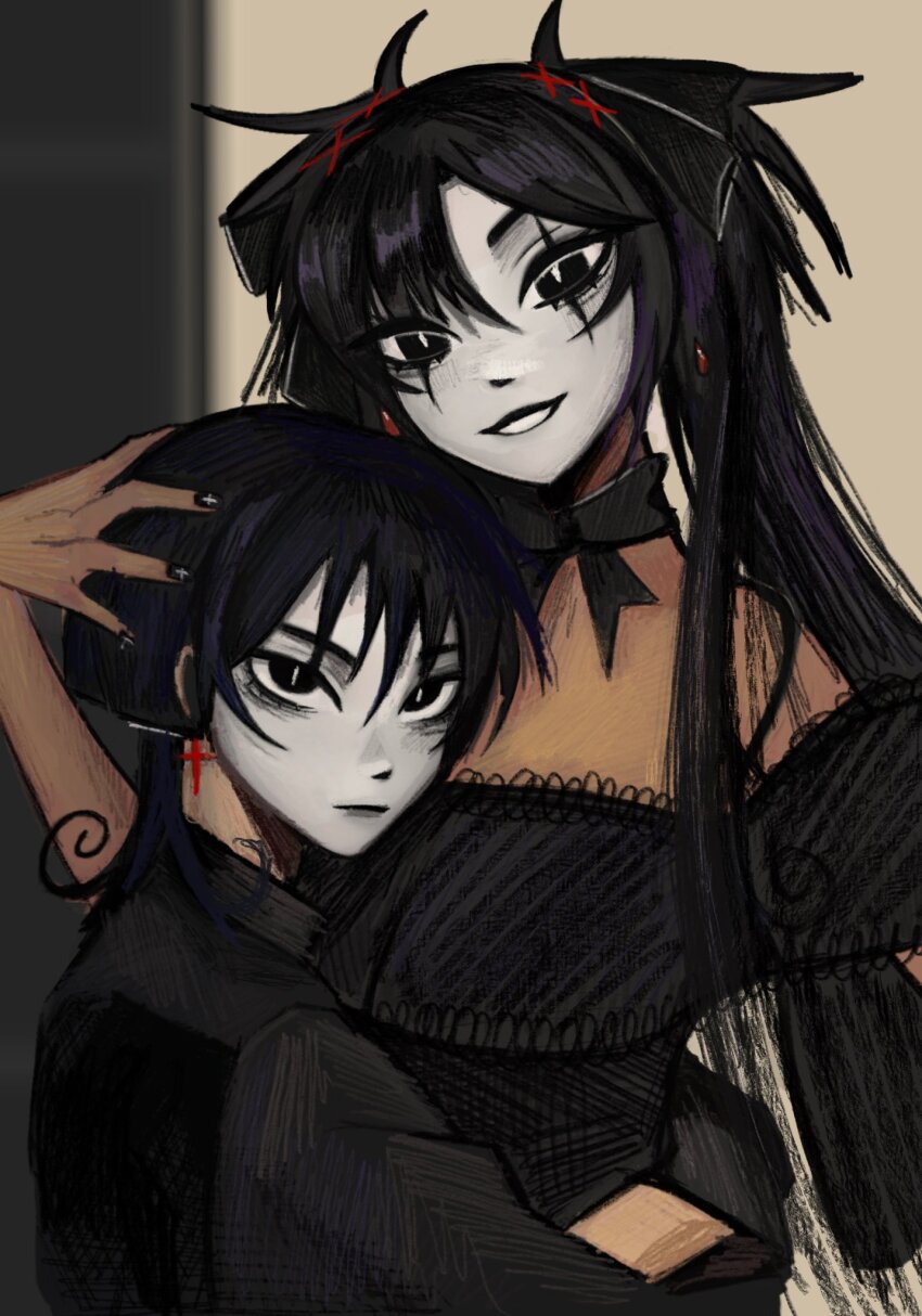 1boy, 1girl, alternate_costume, alternate_skin_color, arm_around_another's_waist, asymmetrical_bangs, black_bow, black_bowtie