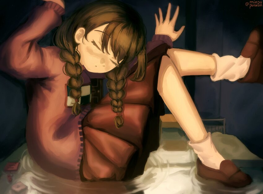 1girl, artist_name, bed, braid, brown_hair, brown_shoes, closed_eyes, full_body