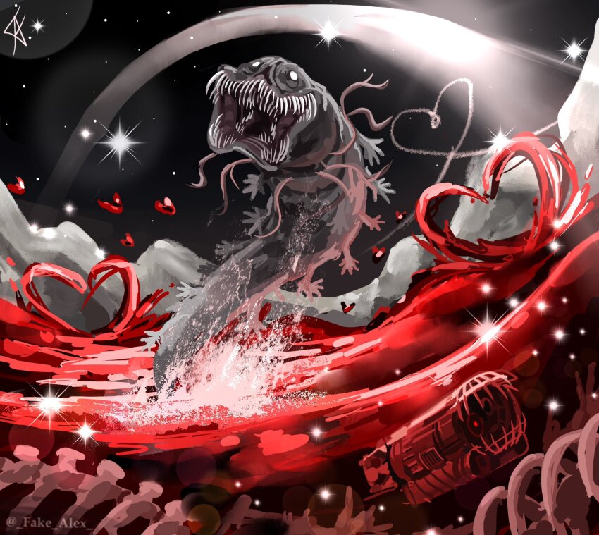 bifurcated_jaw, commentary, creature, dutch_angle, empty_eyes, english_commentary, extra_hands, fake_alex, grin, highres, horror_(theme), iron_lung_(movie), light_particles, meme, mountainous_horizon, night, no_humans, ocean, open_mouth, parody, ribs, scene_reference, skeleton, sky, smile, space, sparkle, star_(sky), starry_sky, submarine, symphony_dolphin_(meme), tendril, too_many_hands, too_many_teeth, watercraft, white_eyes