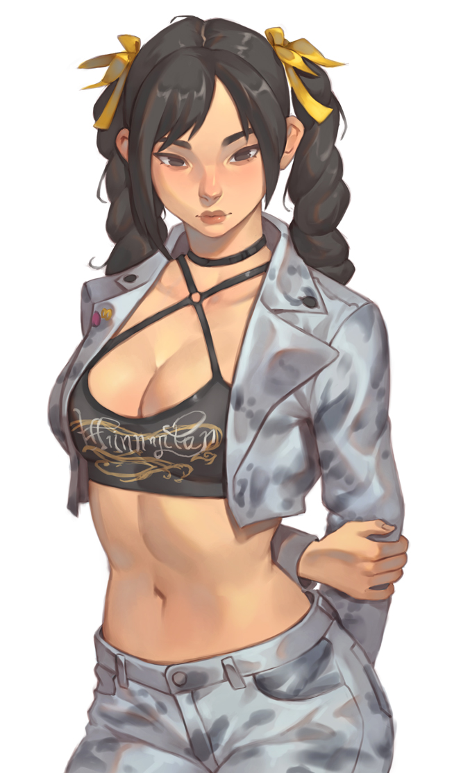 1girl, black_hair, breasts, cleavage_cutout, clothing_cutout, commission, east_asian, jacket