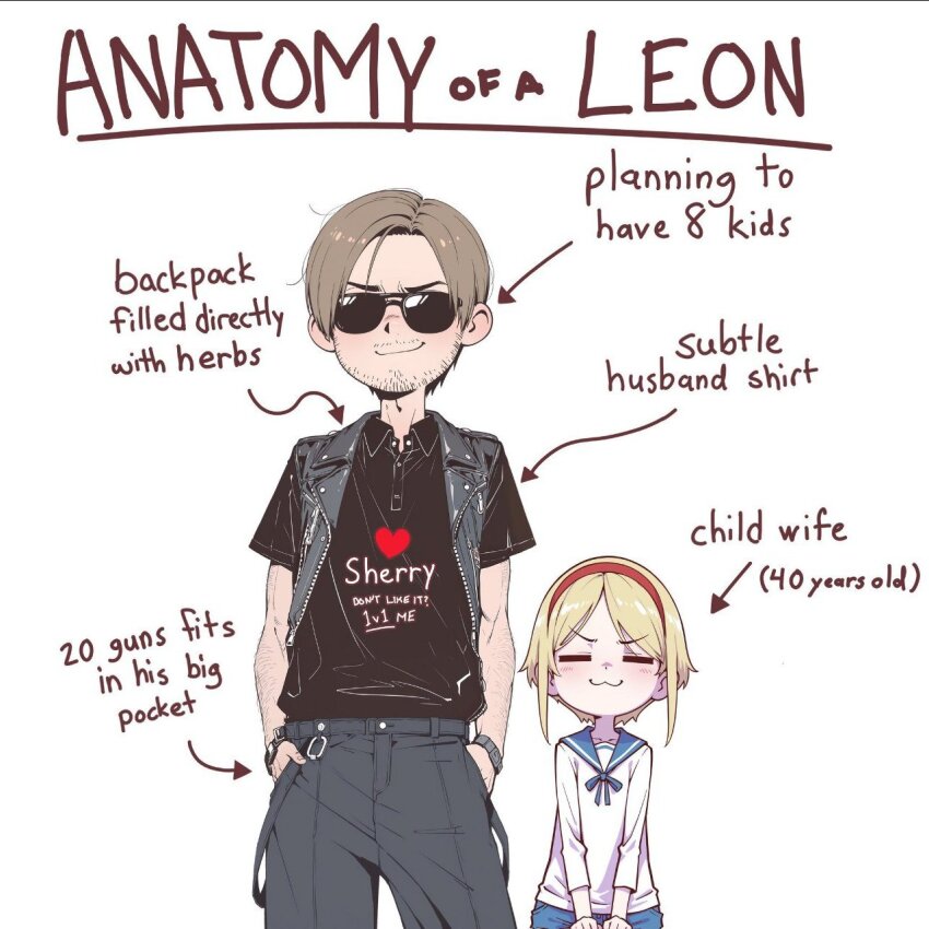 1boy, 1girl, :3, age_difference, anatomy_of_a_gamer_(meme), black_shirt, blonde_hair, blue_shorts, character_name, child, english_text, grey_pants, hands_in_pockets, leon_kennedy, older_male_and_younger_female, pants, resident_evil, sailor_collar, sailor_shirt, sherry_birkin, shirt, shitpostrock, shorts, size_difference, sunglasses