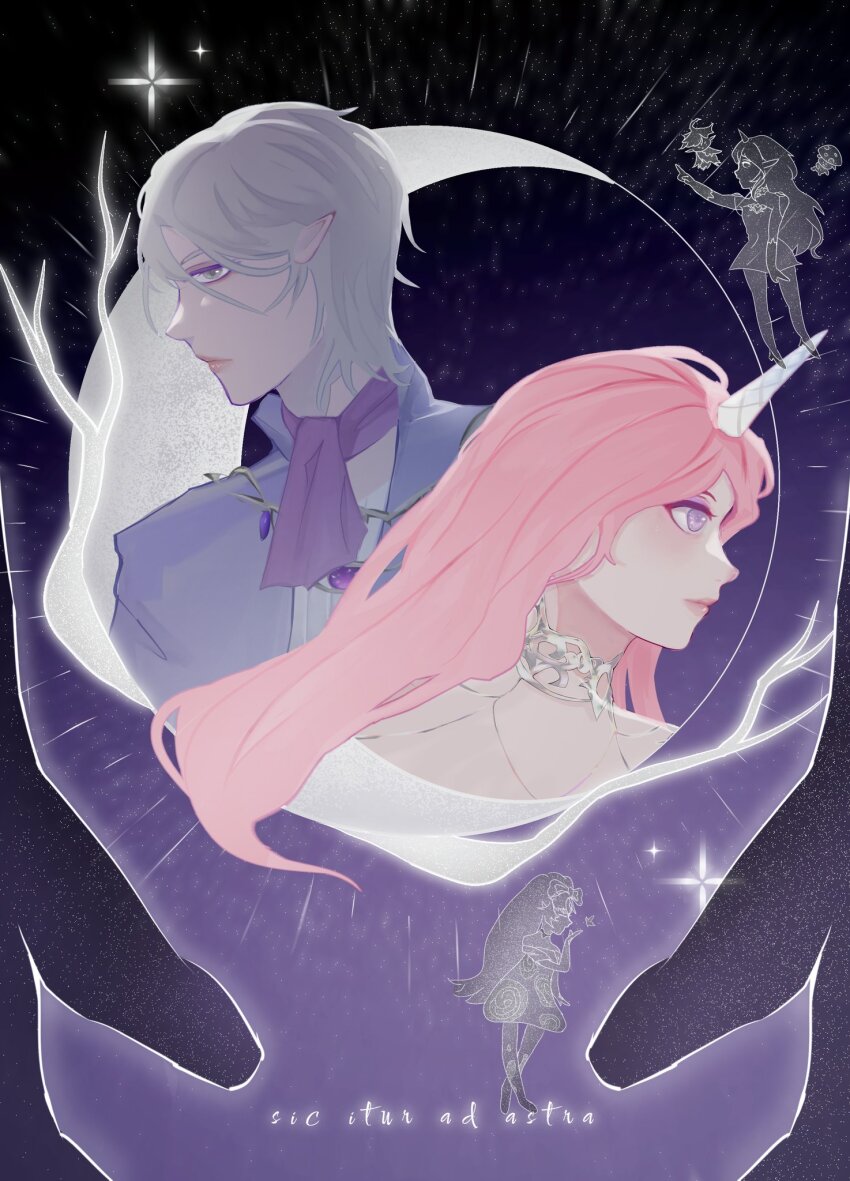 1boy, 1girl, ad_lunam_(shining_nikki), ascot, blue_jacket, choker, closed_mouth, collared_jacket