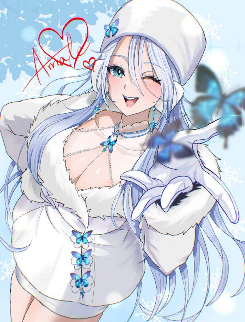 1girl, aqua_eyes, blush, breasts, cleavage, coat, commentary, english_commentary