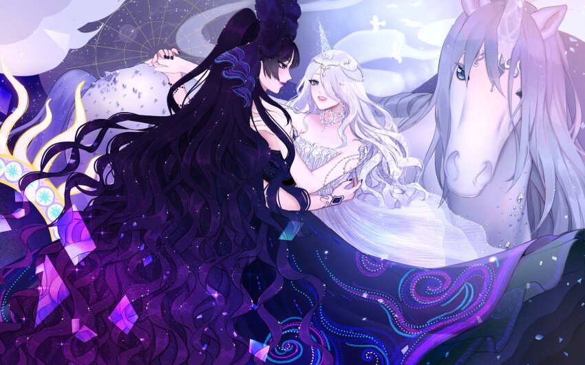 2girls, ad_lunam_(shining_nikki), bow, circlet, cloud, commentary, dancing, dress