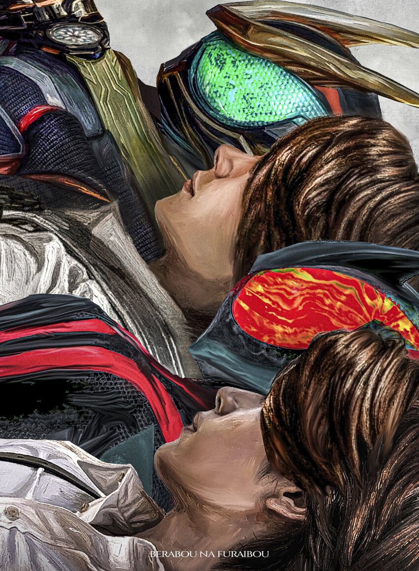 1boy, brown_hair, green_eyes, highres, kamen_rider, kamen_rider_zeztz, kamen_rider_zeztz_(series), kamen_rider_zeztz_catastrom