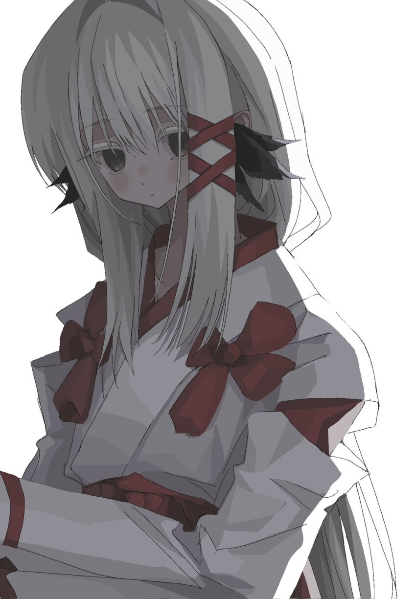 1girl, colored_eyelashes, expressionless, grey_eyes, hair_ornament, hakama, highres, japanese_clothes