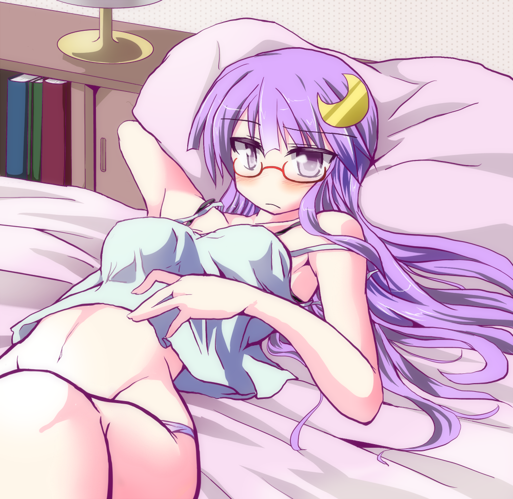 1girl, arm_behind_head, bad_id, bad_pixiv_id, bed, bed_sheet, bespectacled, blush