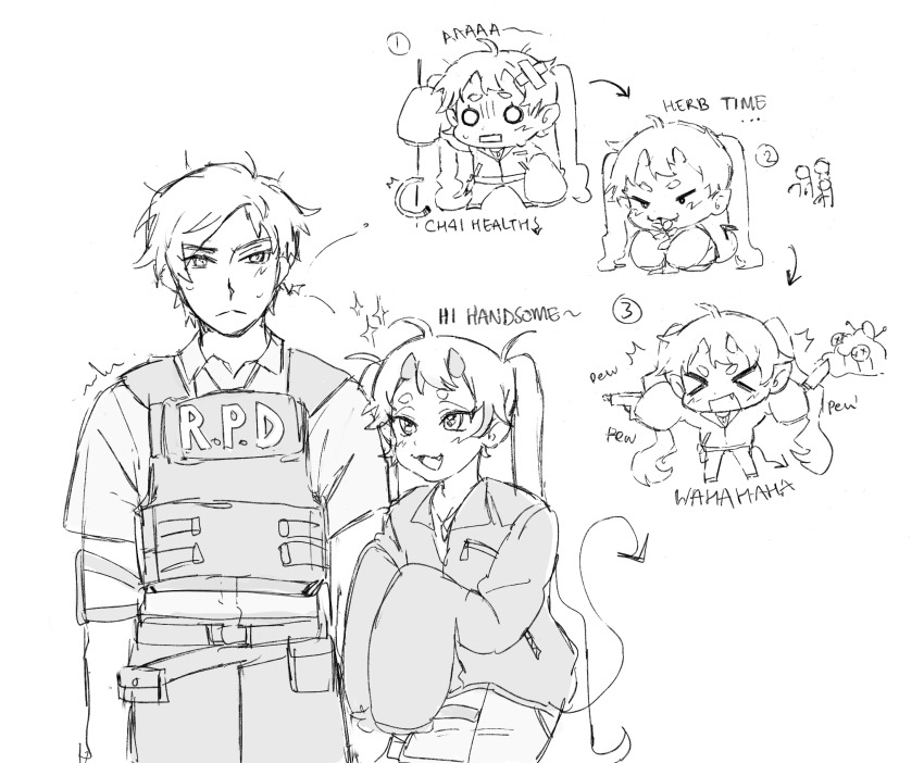 1boy, 1girl, 2023, ahoge, bandaged_head, bandages, ch4i, character_name