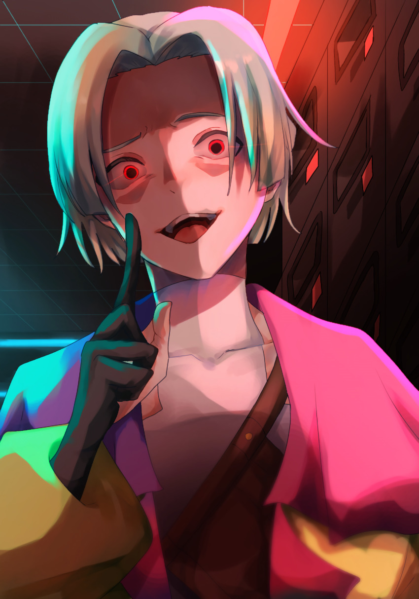 1other, :d, black_sleeves, blunt_bangs, blurry, ceiling, clothing_cutout, contrast_collar