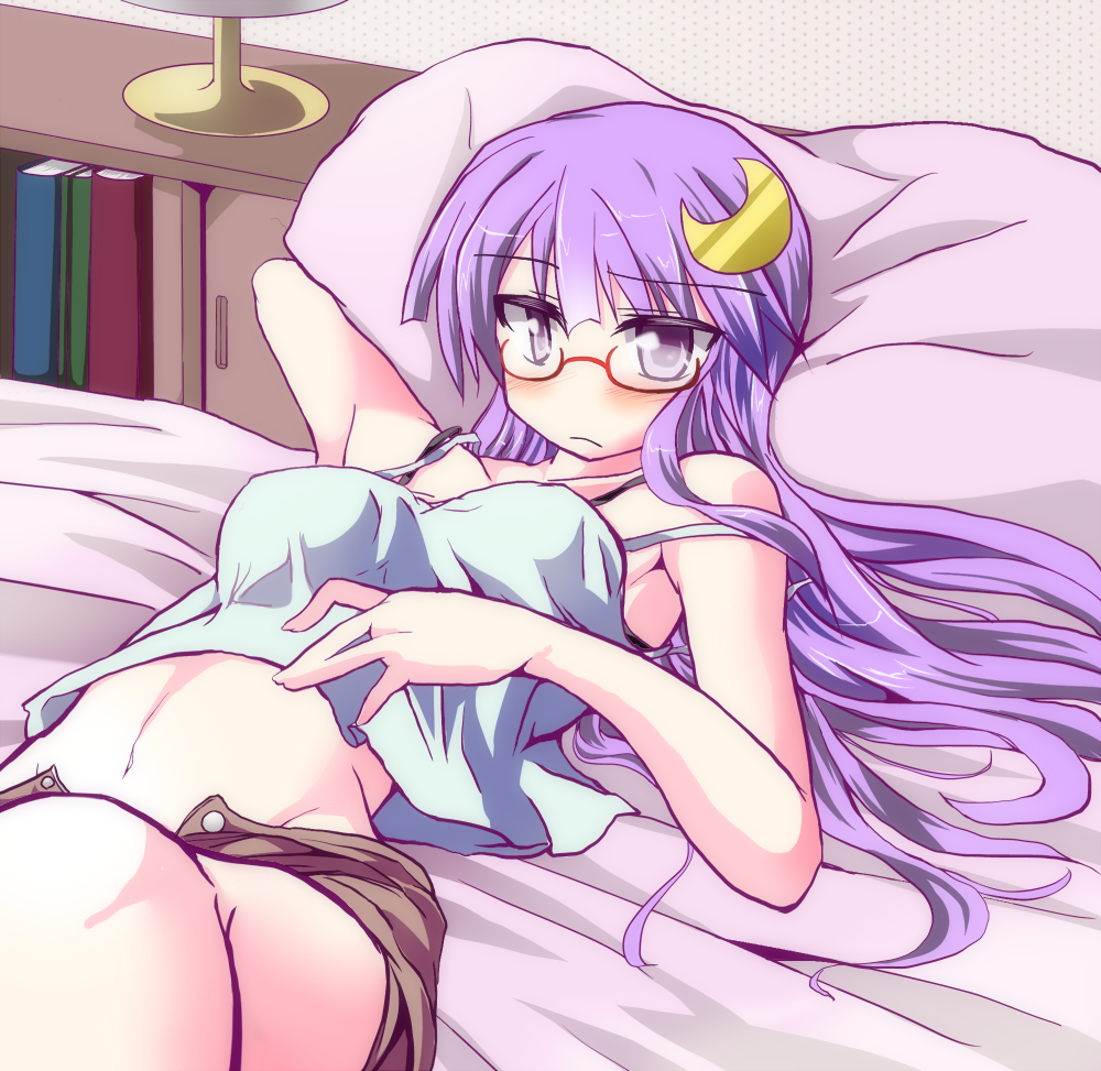 1girl, arm_behind_head, bad_id, bad_pixiv_id, bed, bed_sheet, bespectacled, blush