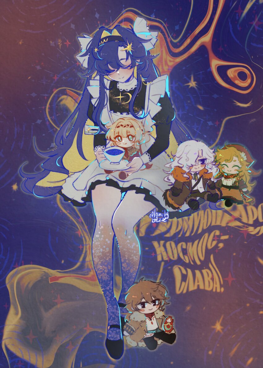 1girl, absurdres, apron, black_dress, black_hairband, blonde_hair, blue_background, blue_hair