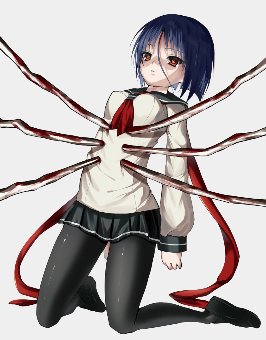 1girl, black_pantyhose, blood, blue_hair, highres, impaled, kasukasugom1, pantyhose