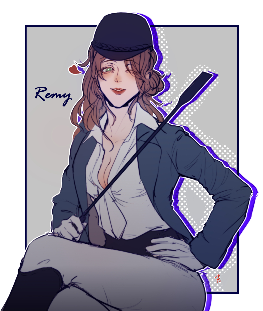 1girl, boots, breasts, brown_hair, character_name, cleavage, collared_shirt, commentary_request