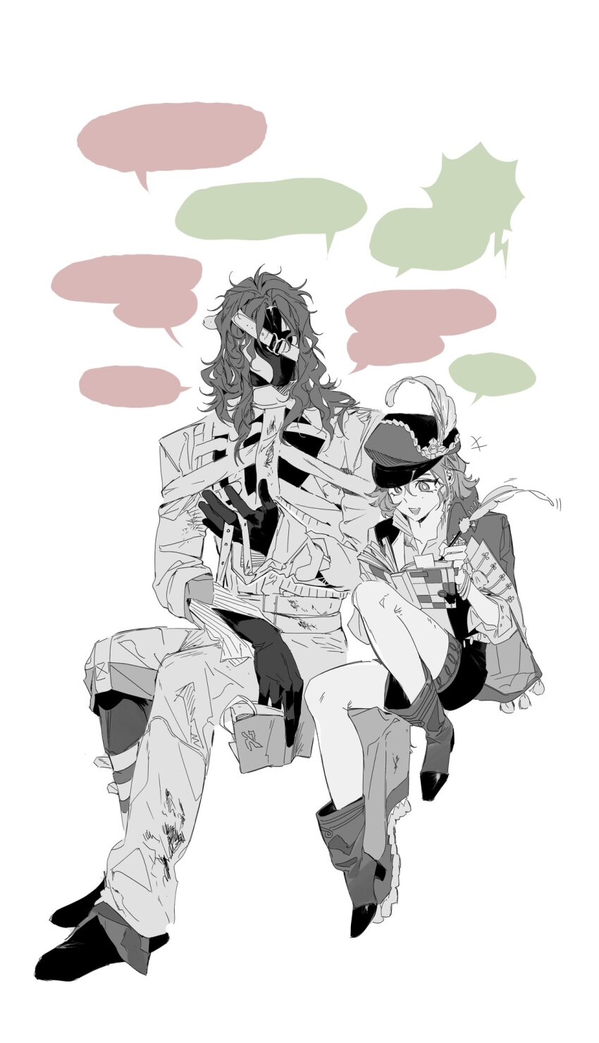 1boy, 1girl, :d, aleph_(reverse:1999), blank_speech_bubble, book, boots, covered_face