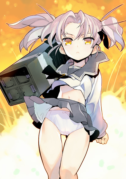 1girl, black_sailor_collar, black_skirt, closed_mouth, curtained_hair, dai_(series), daiakuji, explosion