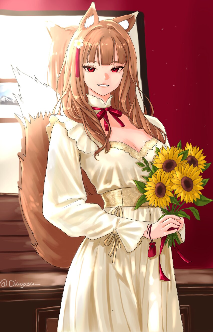 1girl, absurdres, animal_ears, blunt_bangs, bow, breasts, brown_hair, cleavage