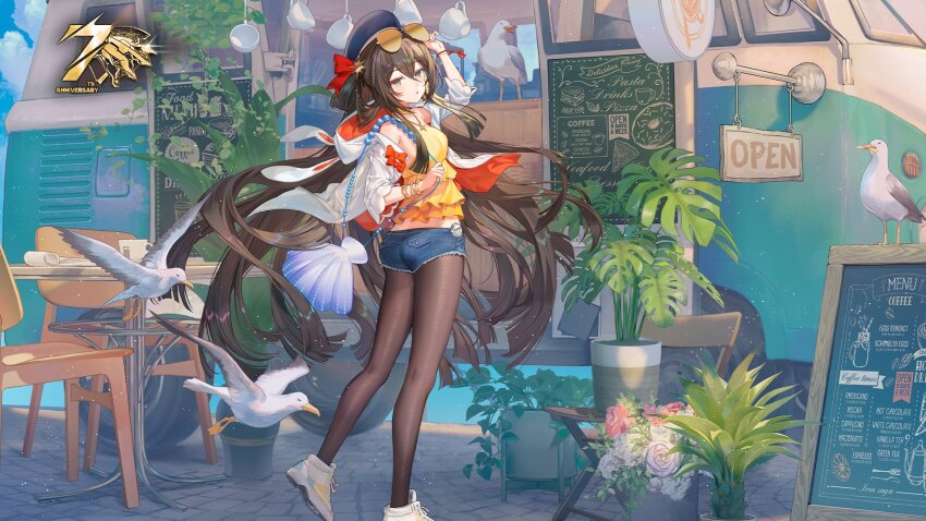 1girl, aviator_sunglasses, bag, bird, blue_hat, blue_shorts, bracelet, brown_hair