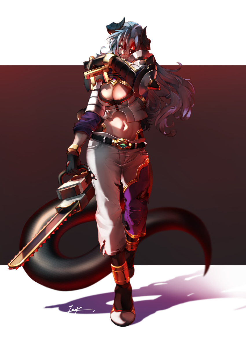 1girl, absurdres, belt, black_belt, black_gloves, black_horns, black_tail, blue_hair